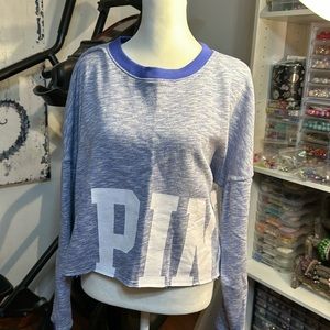 PINK cropped blue marled print sweatshirt, white logo on bottom